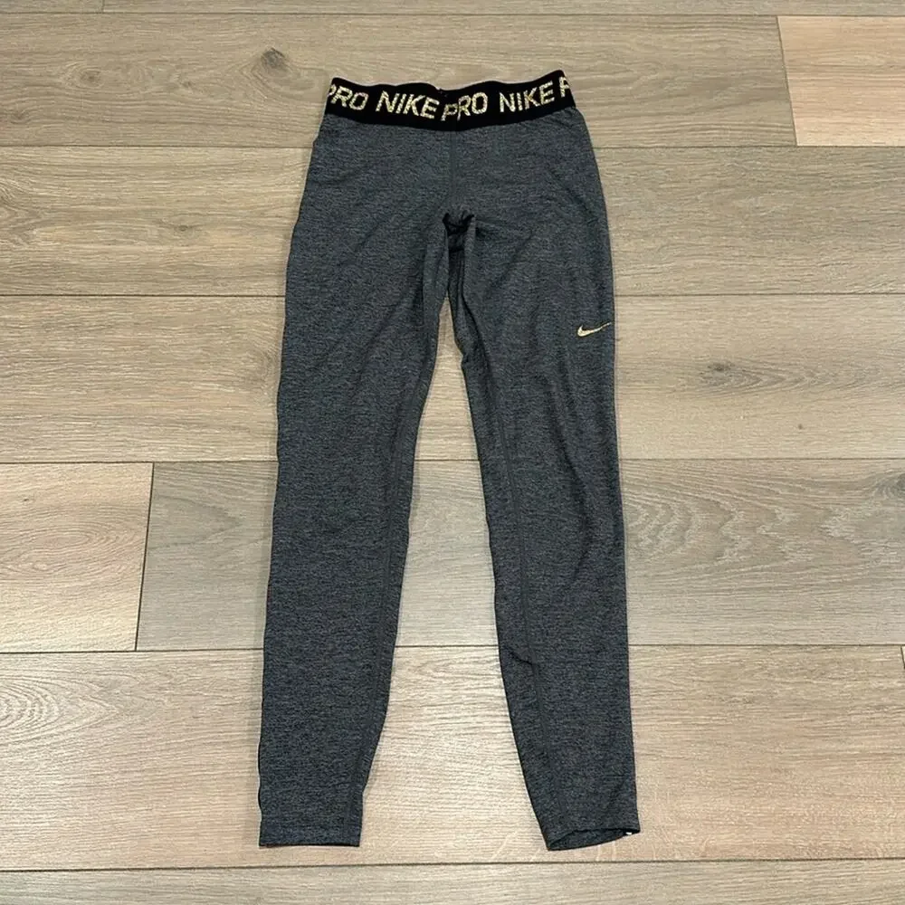 NIKE PRO Gray Warm Dri-Fit Mid Rise Gold Glitter Active‎ Yoga Leggings Size XS